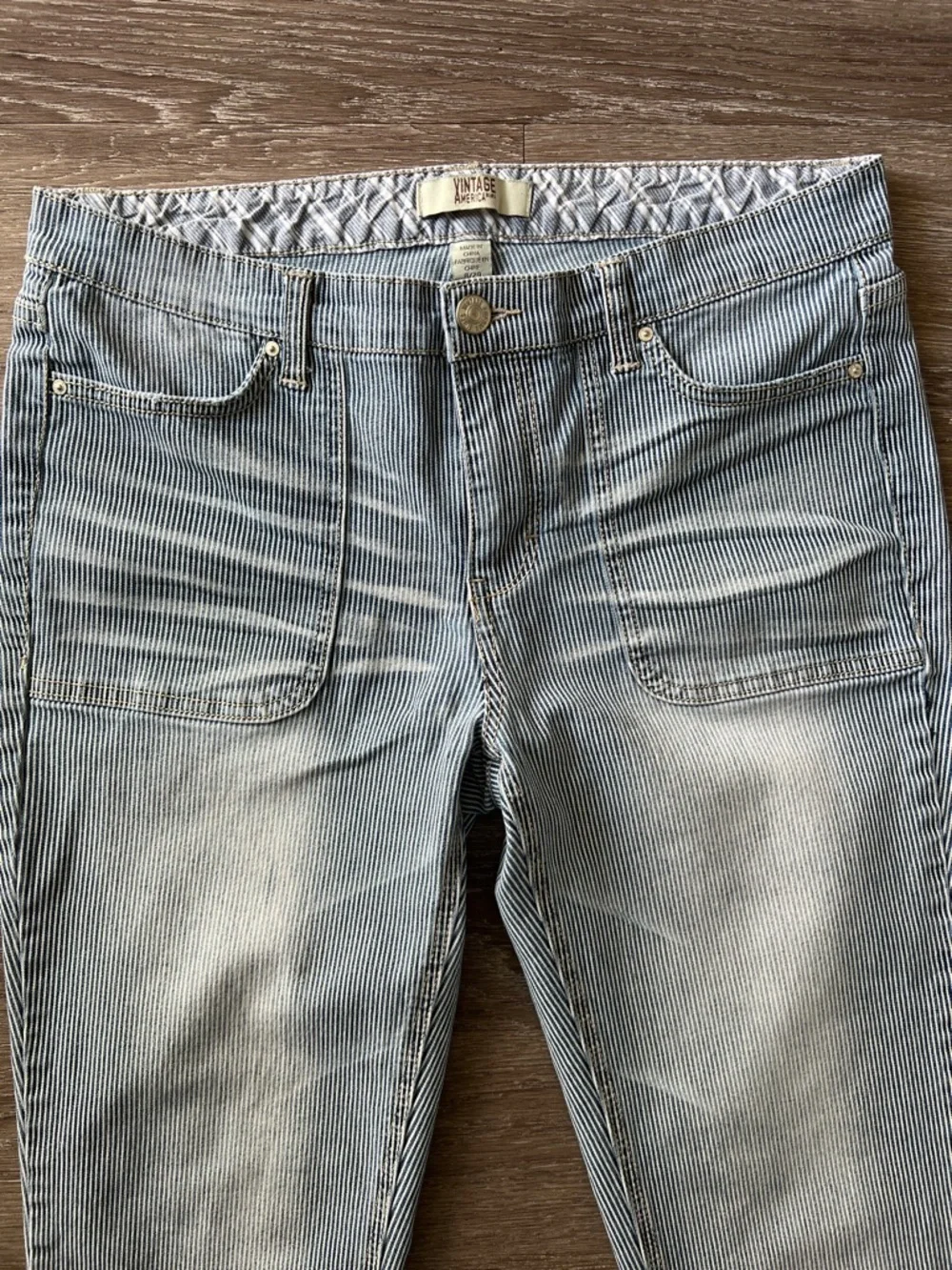 Vintage America Pinstripe Bestie Jeans Raw Hem Cropped Slim Straight Size 8/29